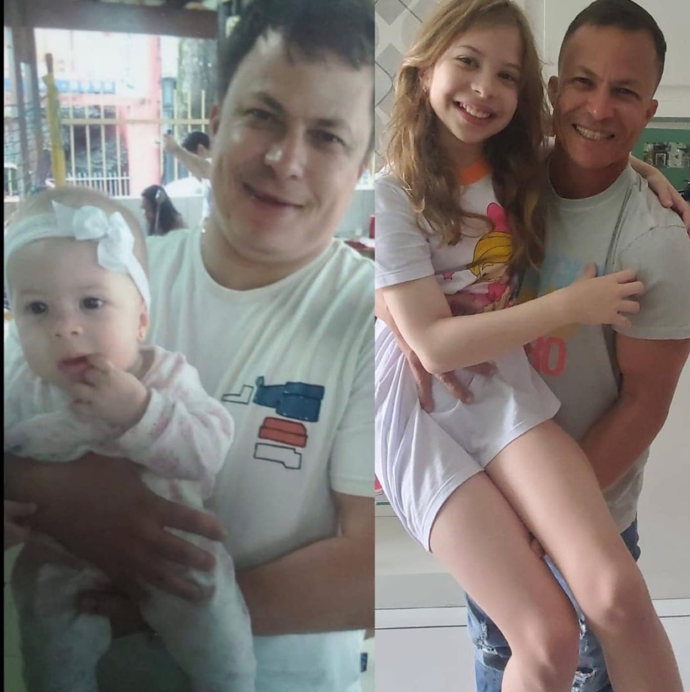 Antes e depois: à esquerda, Edinho com 118 quilos segurando a filha bebê no colo; à direita, anos depois, magro e sorrindo com a filha já crescida