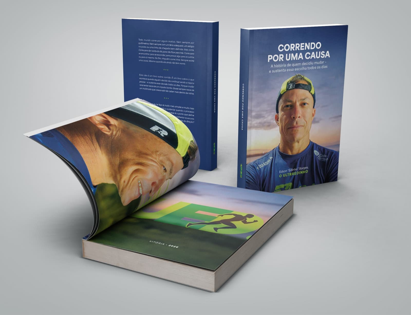 Frente e verso do livro: a capa com o retrato do Edinho e a contracapa azul com a sinopse completa